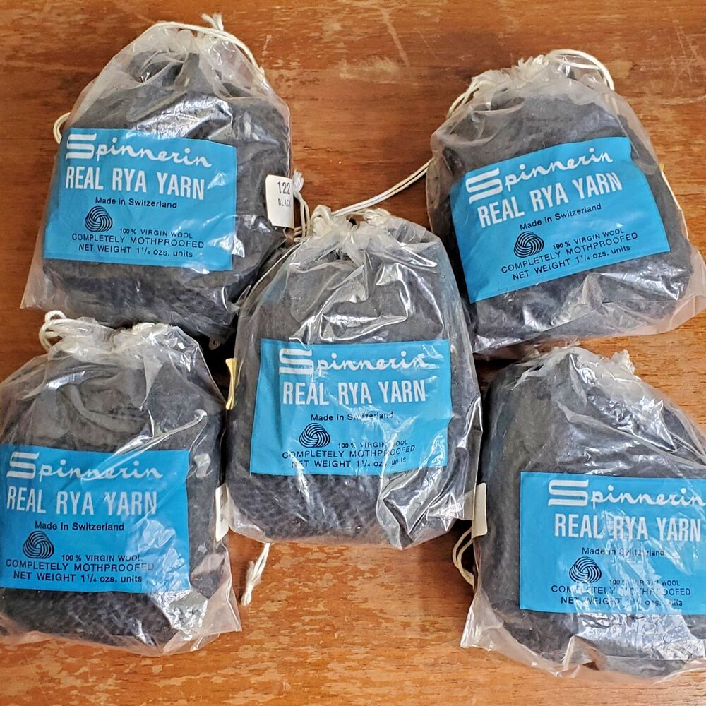 Vintage Precut Rug Wool Spinnerin Real Rya Yarn 5 Packs 1.25 oz Each Black #122